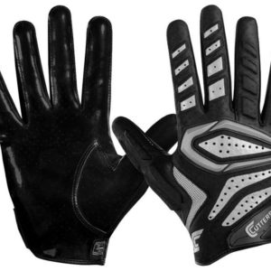 rękawiczki dla zawodników futbolu amerykańskiego marki cutters czarne ze srebrnymi elementami widok bez opakowania jak na manekinie przód i tył
