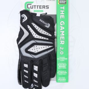 rękawiczki dla zawodników futbolu amerykańskiego marki cutters czarne ze srebrnymi elementami widok w oryginalnym opakowaniu z przodu
