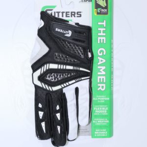 rękawiczki dla zawodników futbolu amerykańskiego marki cutters czarne z białymi elementami widok w oryginalnym opakowaniu z przodu